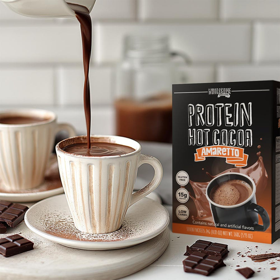 Amaretto Protein Hot Chocolate: box with cocoa being poured into a mug.