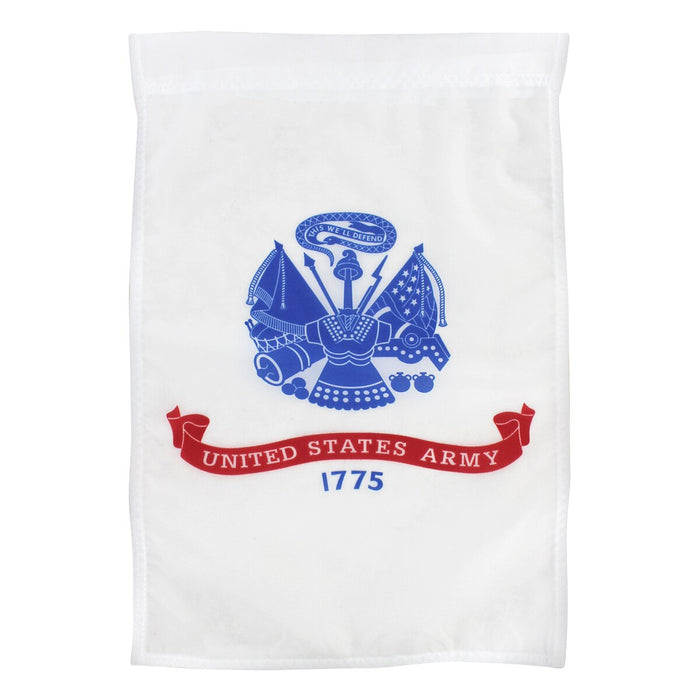 White U.S. Army garden flag with blue Army emblem, red United States Army banner and 1775