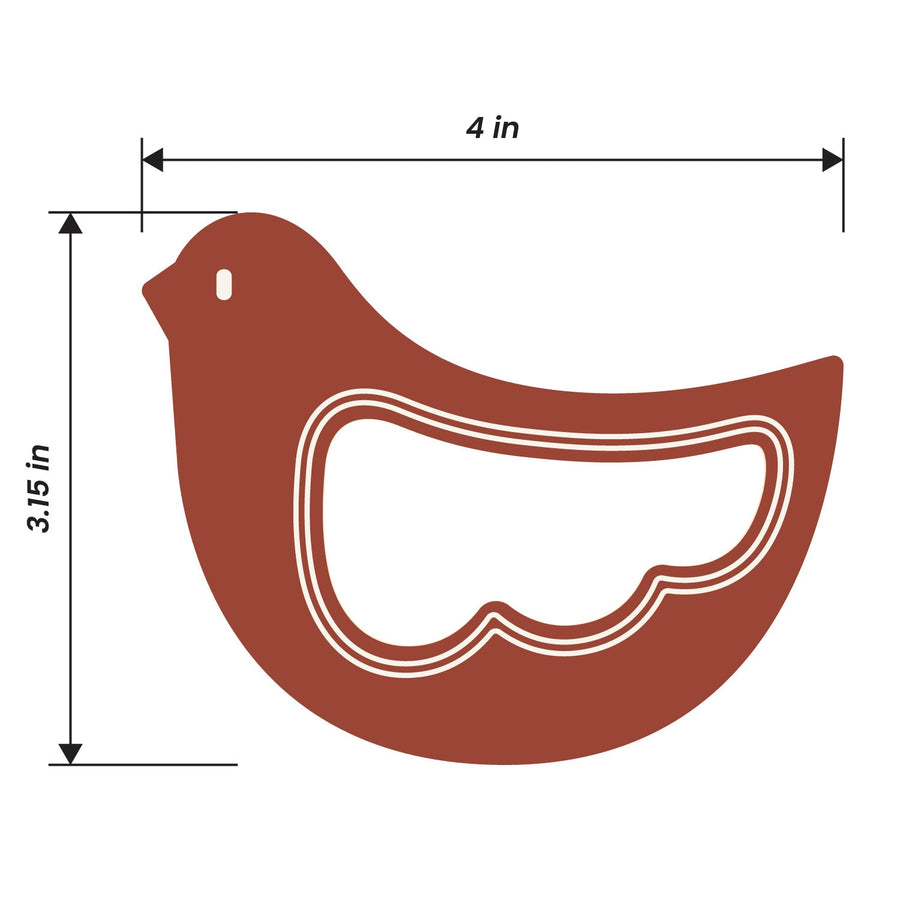 Brick Red Bird Maple Wood Rattle & Teether with dimension annotations