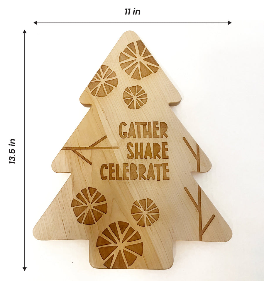 Etched Christmas Tree Maple Wood Serving Board with dimension annotations