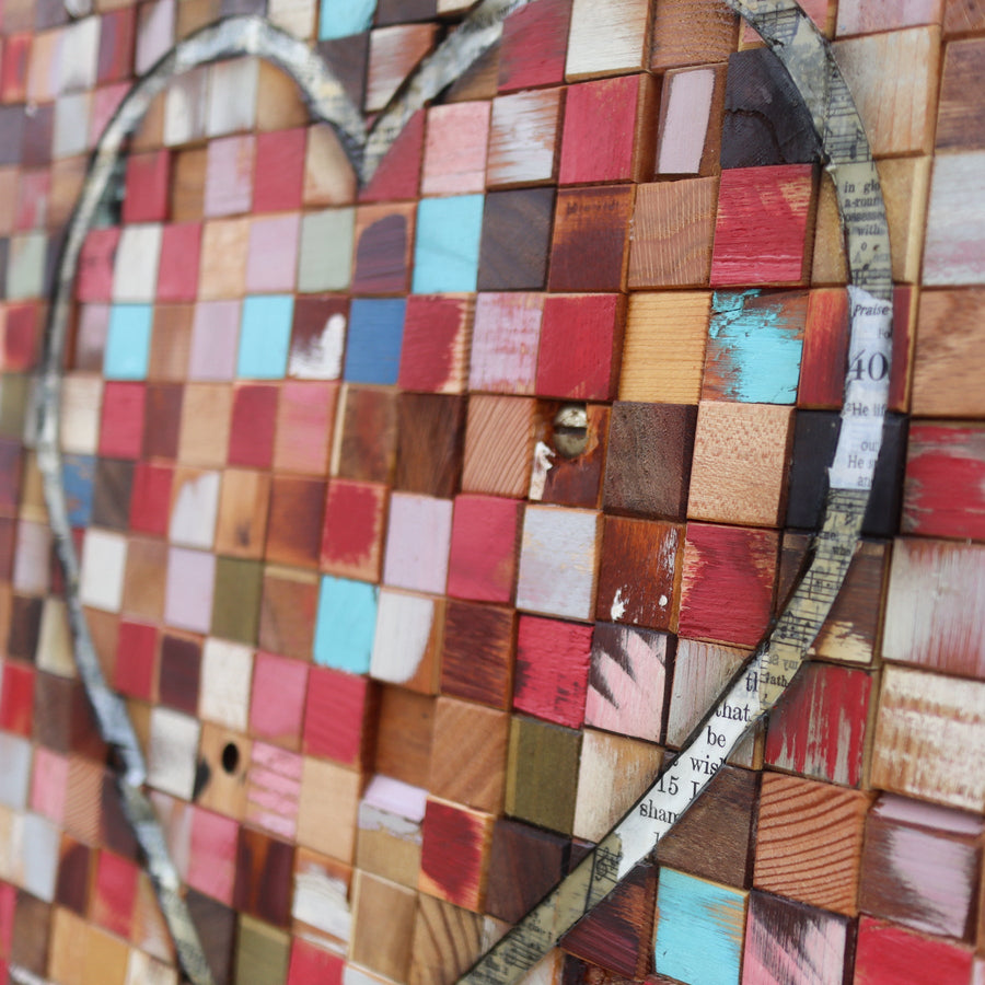 New Song in My Heart art print showing a heart outline over a colorful wood mosaic.