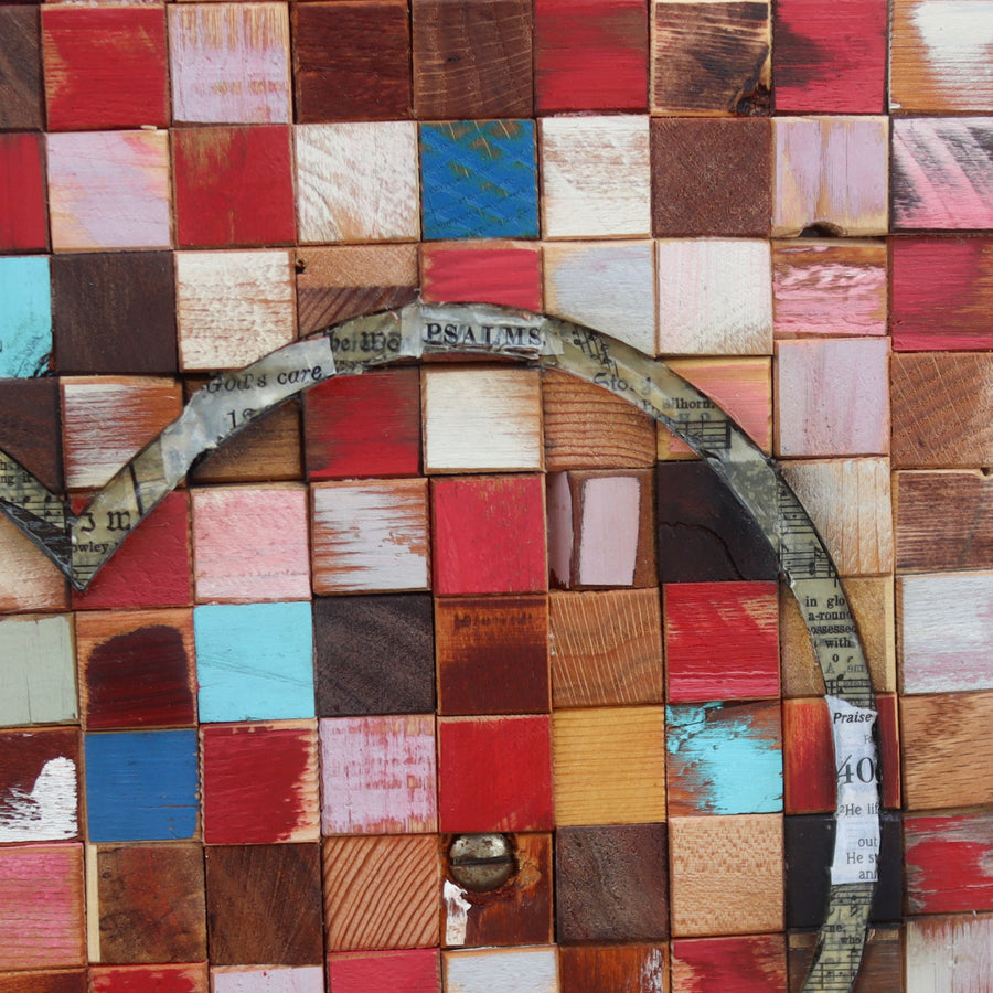 New Song in My Heart art print showing a heart outline over a colorful wood mosaic.