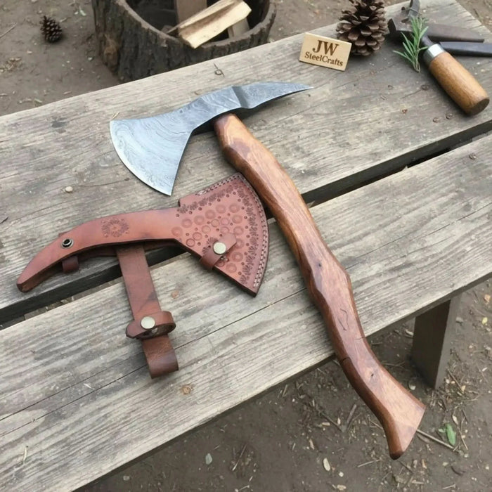 Camping Axe Damascus Steel 20 Inch Rosewood Handle with Leather Sheath