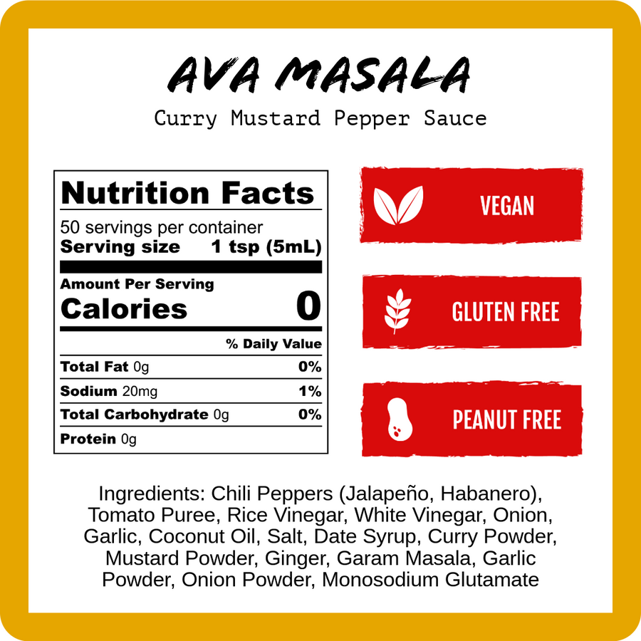 Ava Masala Nutrition Facts and ingredient panel