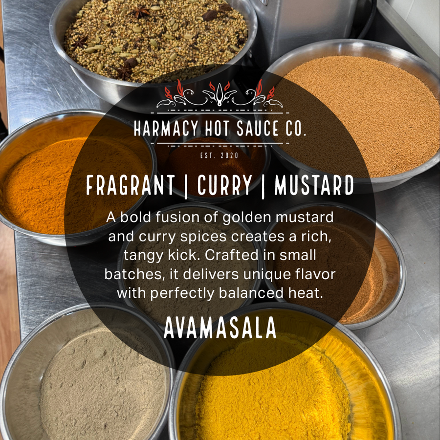 Ava Masala curry mustard flavor card over bowls of spices