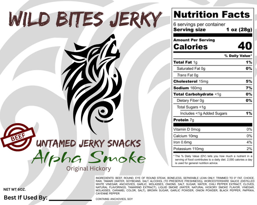 Alpha Smoke beef jerky, separate label artwork with Nutrition Facts and ingredients