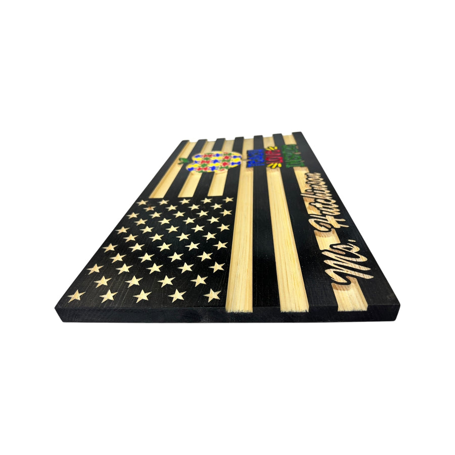 Side view of American-made personalized wooden flag for teachers