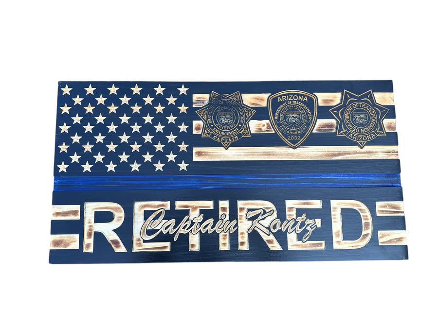 Personalized Retirement Wooden American Flag with Engraved Badge — product photo 12