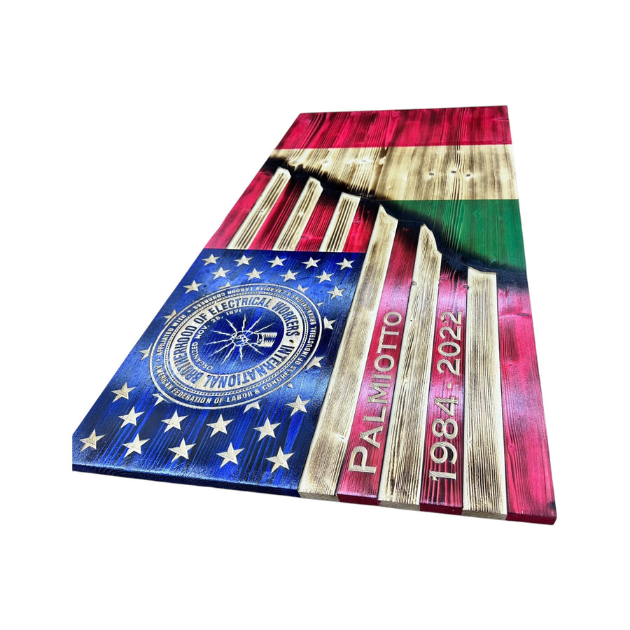 Personalized Split Wooden American Flag with Engraved Badge — product photo 10