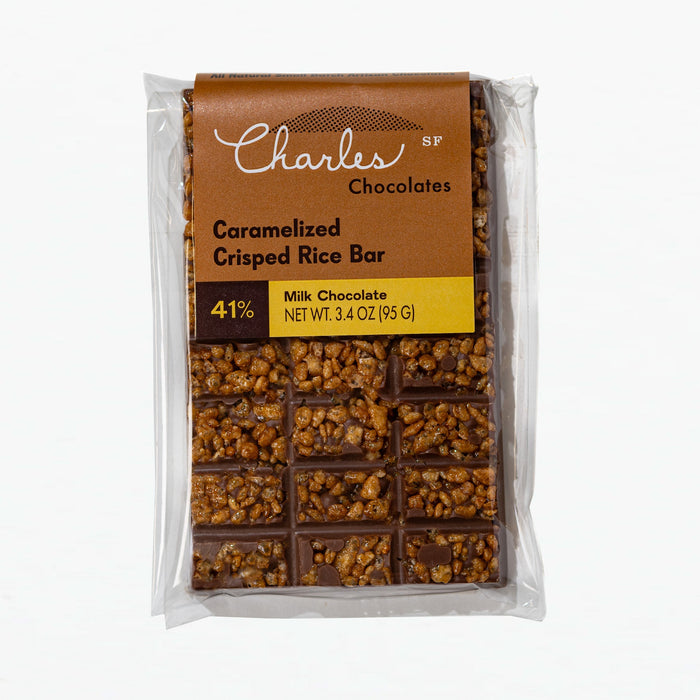 Milk Chocolate Caramelized Crisped Rice Bar in labeled packaging