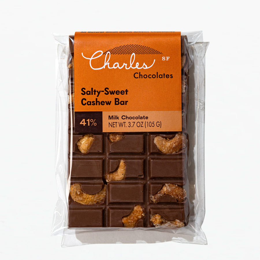 Salted Cashew Milk Chocolate Bar in labeled packaging