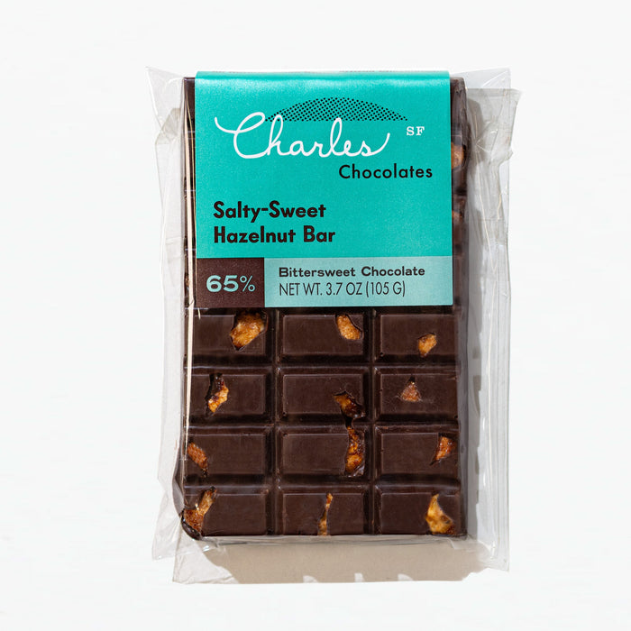 Salted Hazelnut Dark Chocolate Bar in labeled packaging