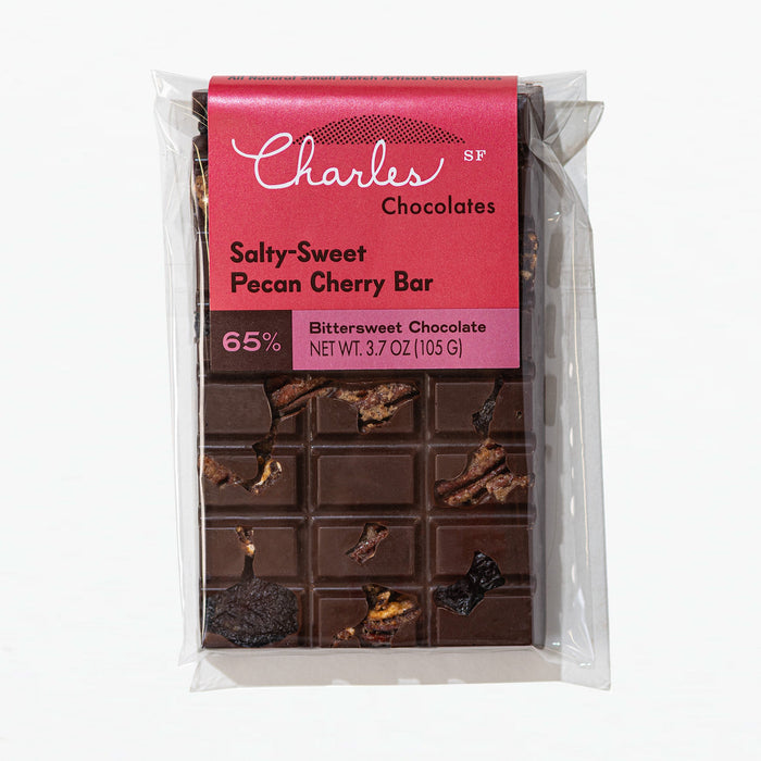 Salted Pecan & Cherry Dark Chocolate Bar in labeled packaging