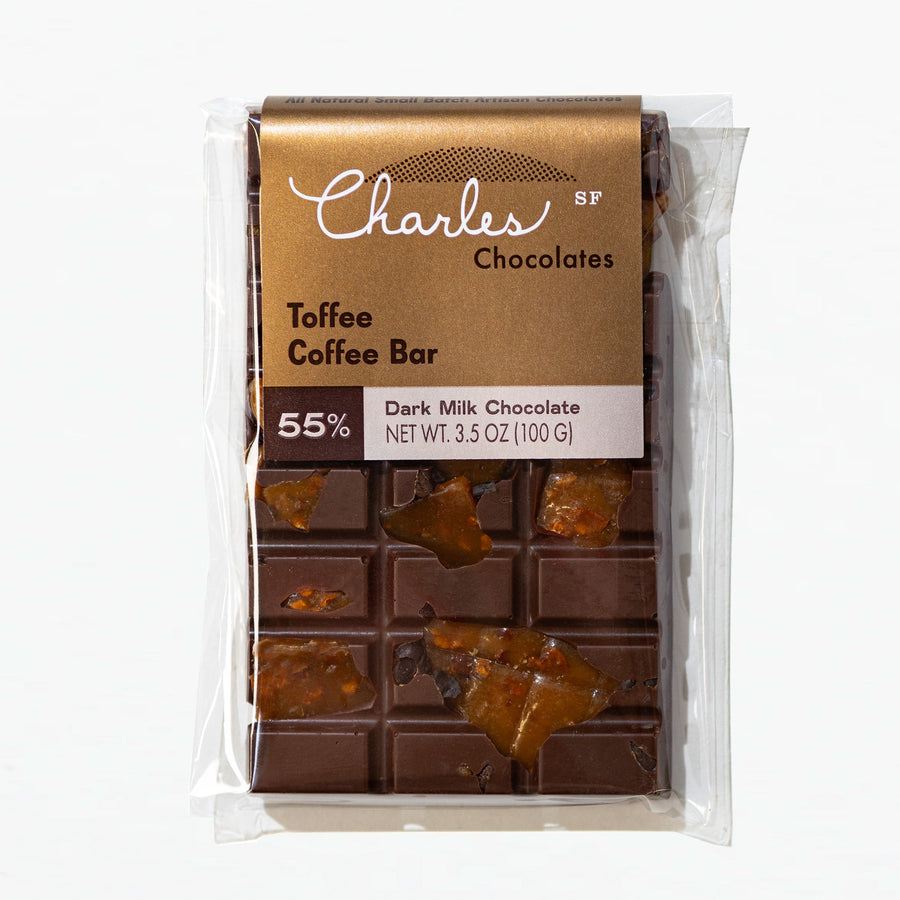 Toffee Coffee Chocolate Bar in labeled packaging
