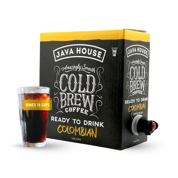 Colombian on-tap coffee box beside iced coffee