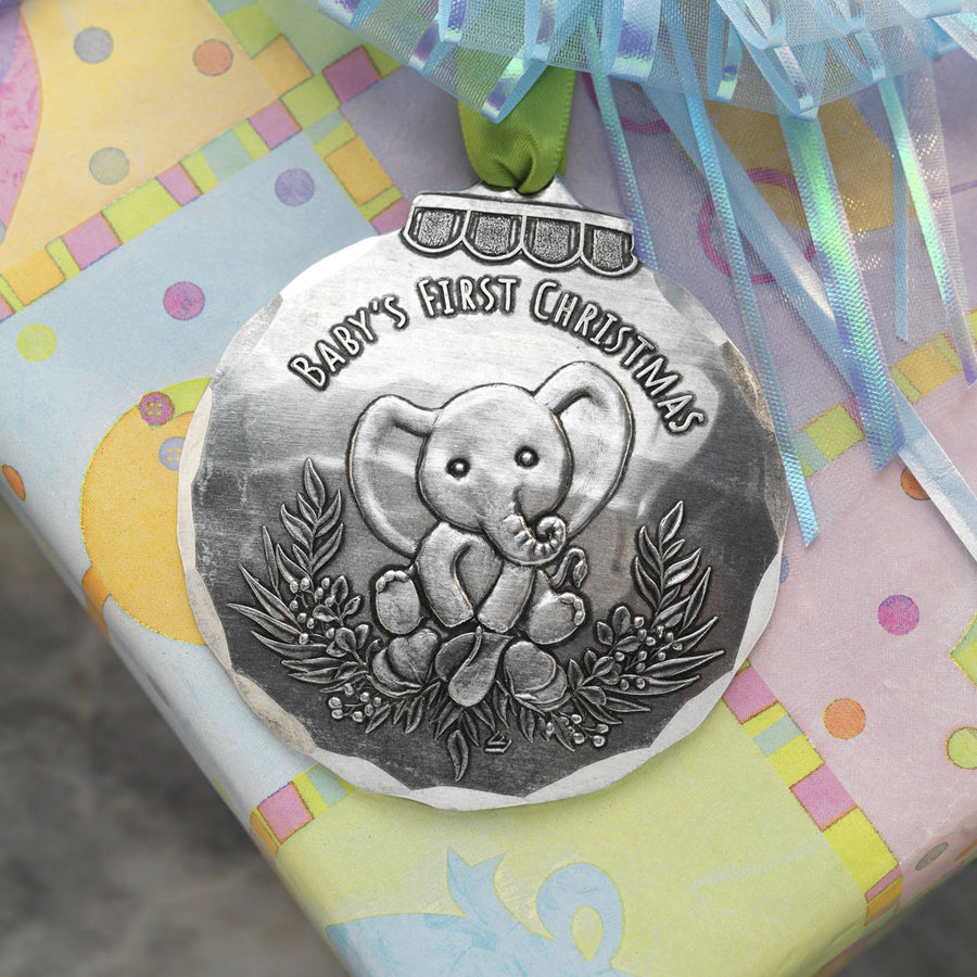Styled display featuring Baby's First Christmas Elephant Ornament