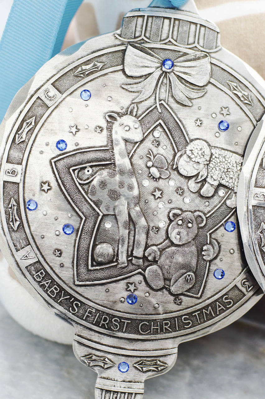 Close-up of the design on Baby Boy's First Christmas Ornament with Crystals