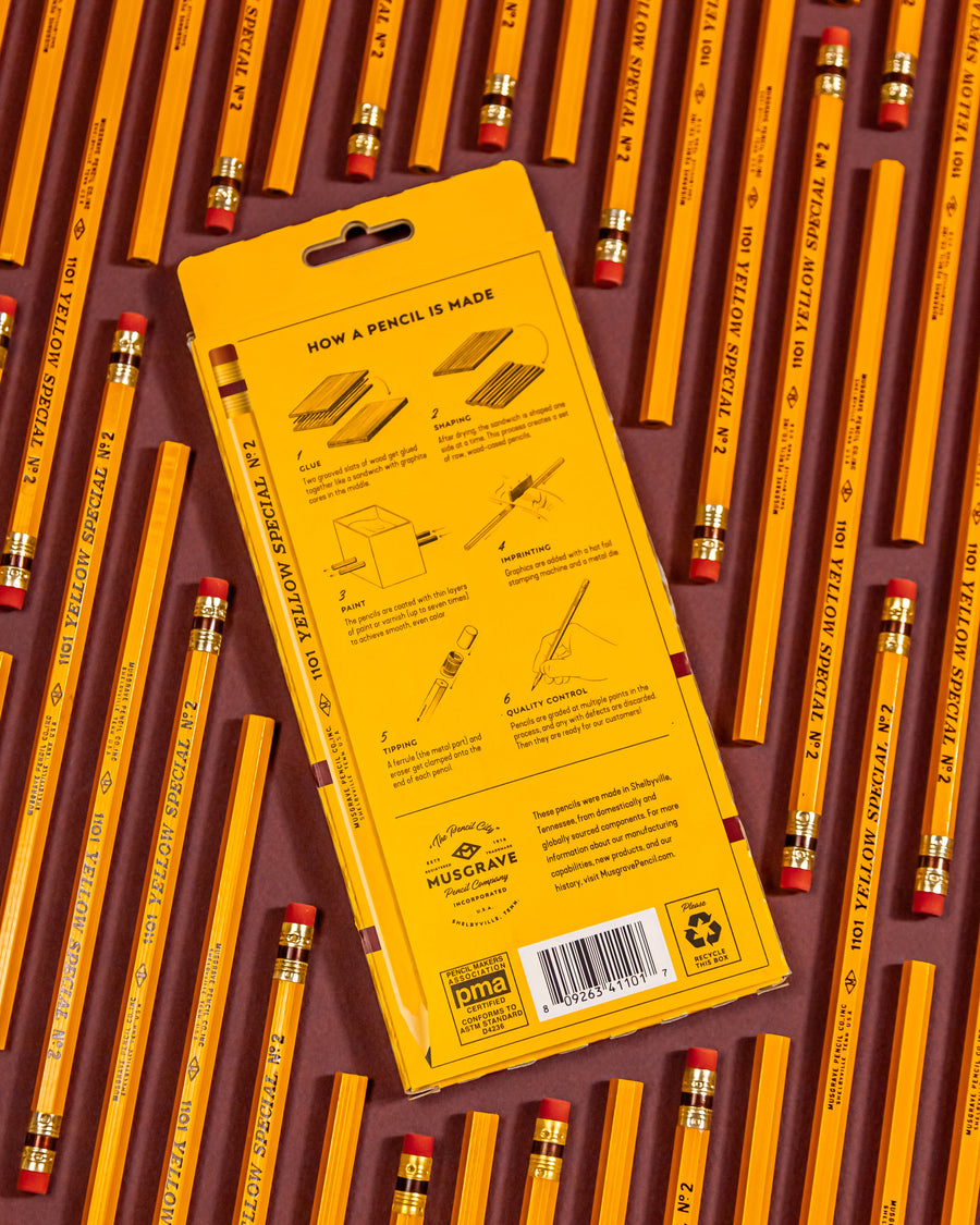 Back of the twelve-count pencil box with manufacturing illustration