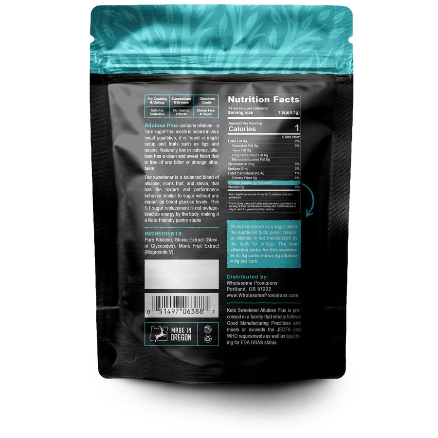 Allulose Plus Granulated Sweetener: back of sweetener pouch.