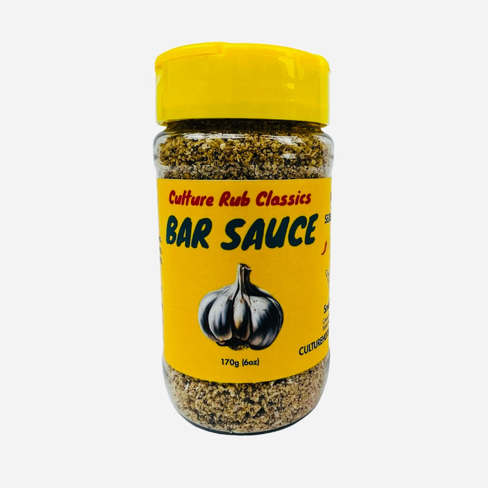 Bar Sauce garlic seasoning jar with a yellow cap and garlic illustration