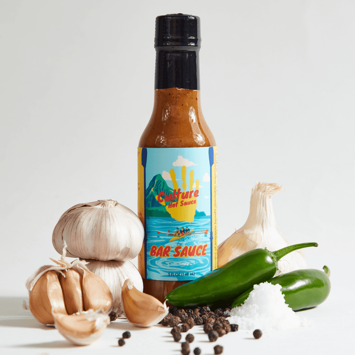 Bar Sauce hot sauce bottle with garlic, jalapeños and peppercorns