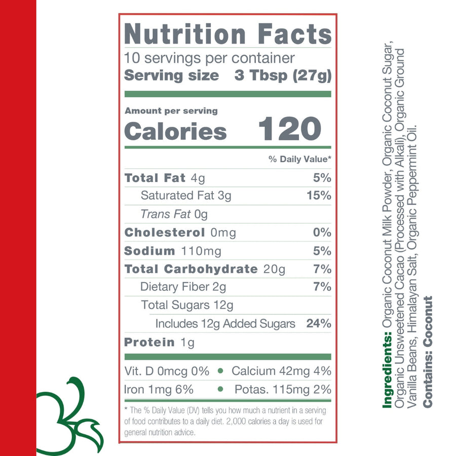 Nutrition facts for peppermint hot cocoa: one 27-gram serving