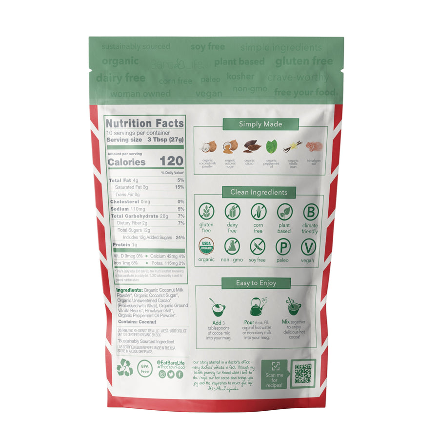 Back of peppermint cocoa pouch showing ingredients, nutrition facts, and preparation steps