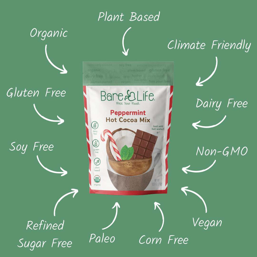 Peppermint cocoa pouch surrounded by dietary attribute labels on a green background