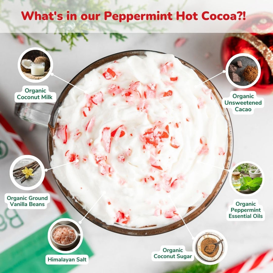 Ingredient illustration for peppermint hot cocoa with coconut, cacao, vanilla, salt, and peppermint