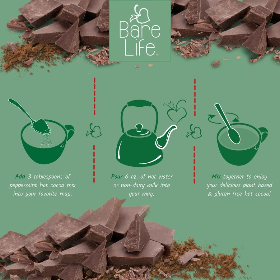Illustrated directions for mixing peppermint cocoa with hot water or non-dairy milk