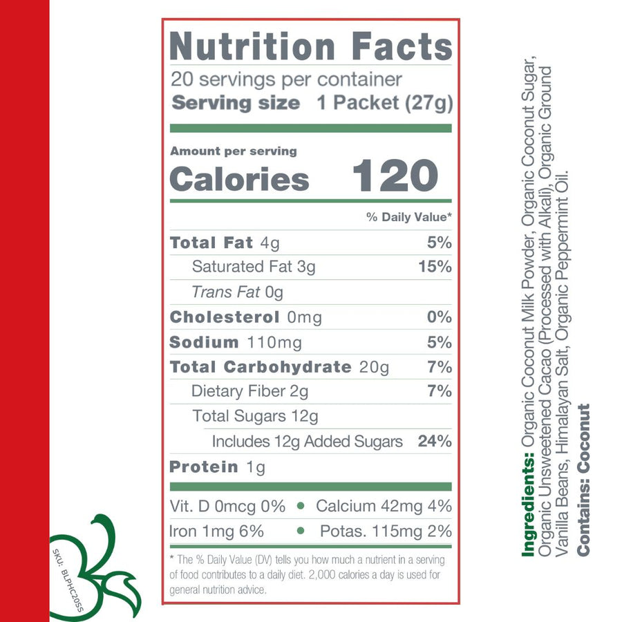Nutrition facts and ingredients for the 20-packet peppermint cocoa box