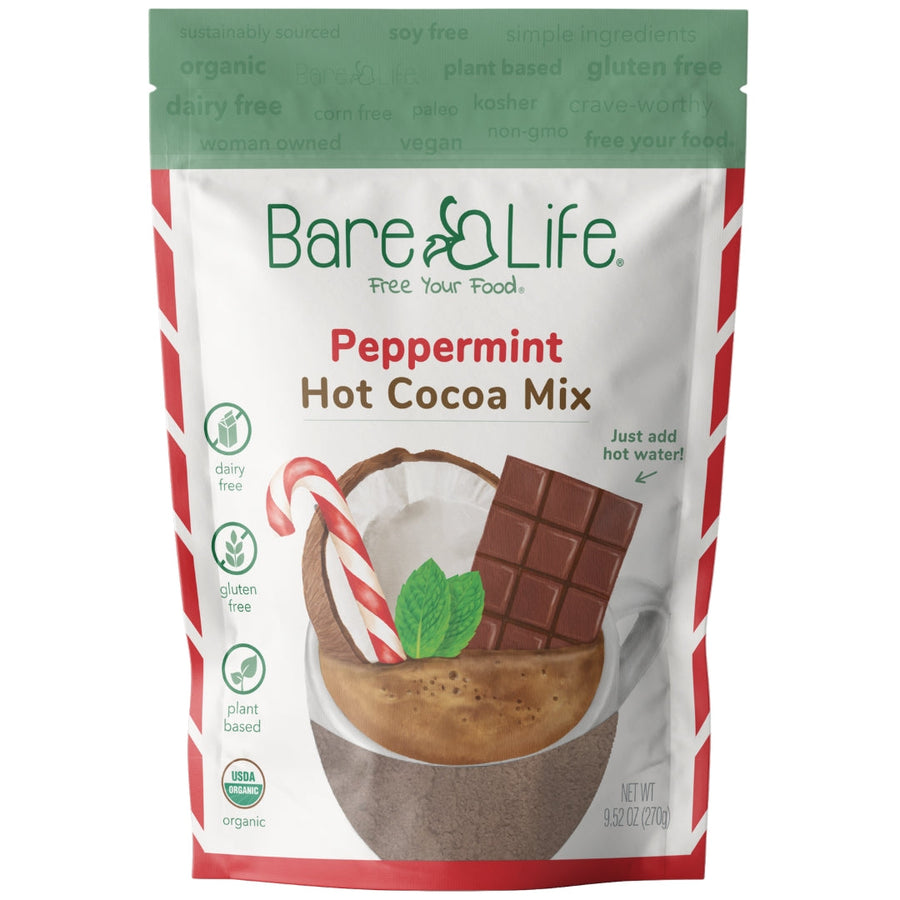 Front of Bare Life dairy-free peppermint hot cocoa 10-serving pouch