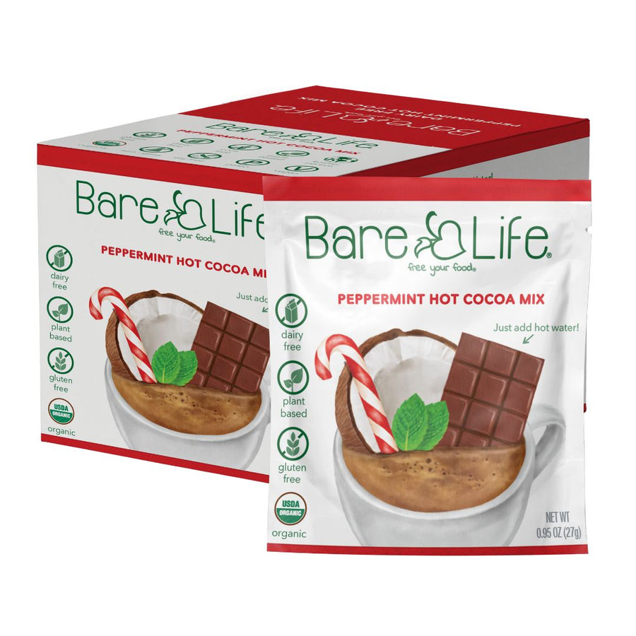 Bare Life peppermint hot cocoa 20-packet box beside one single-serving packet