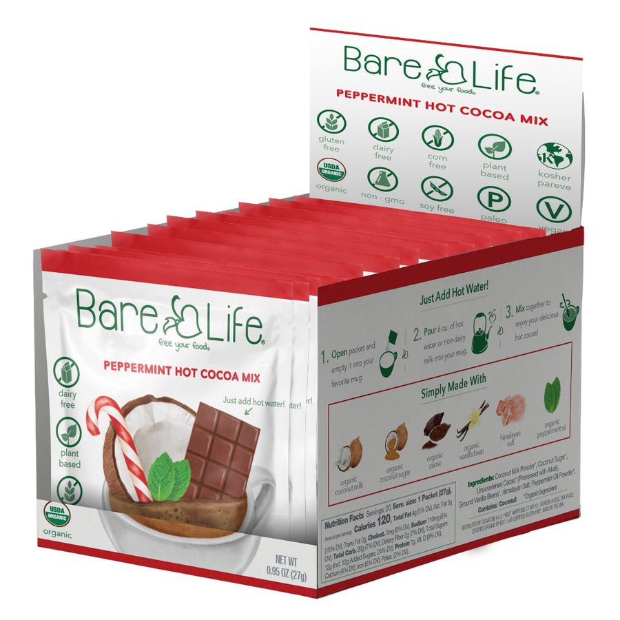 Open peppermint hot cocoa display box filled with single-serving packets