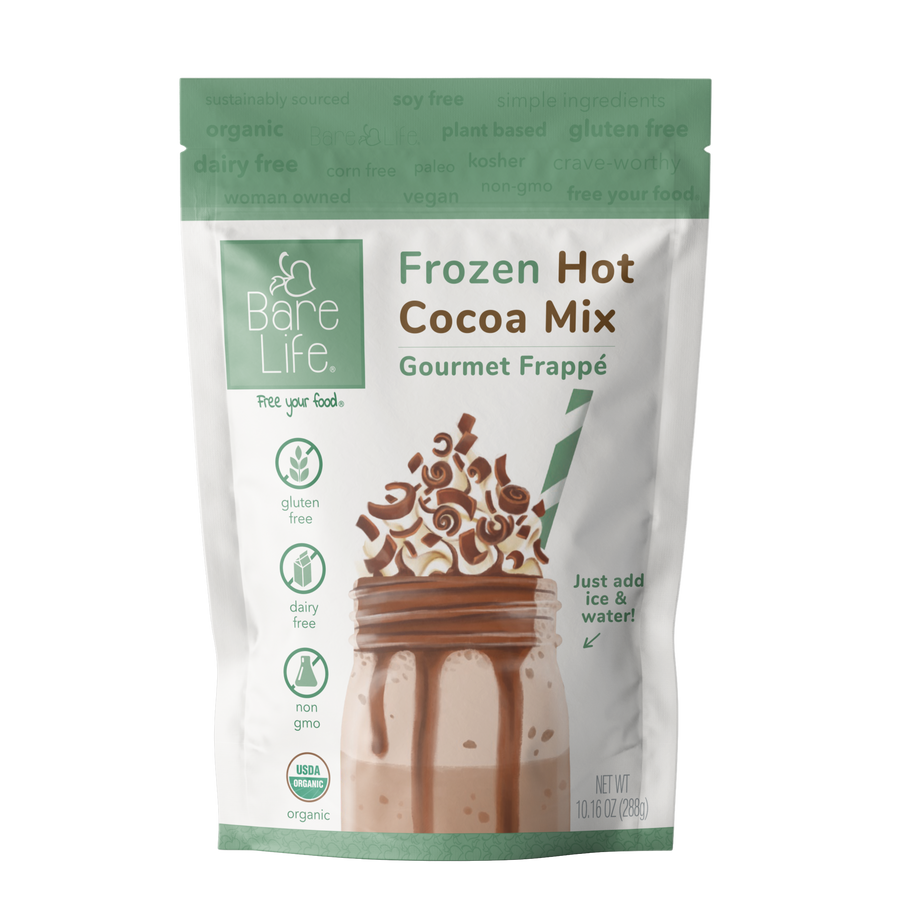 Front of Bare Life frozen hot cocoa gourmet frappé mix pouch