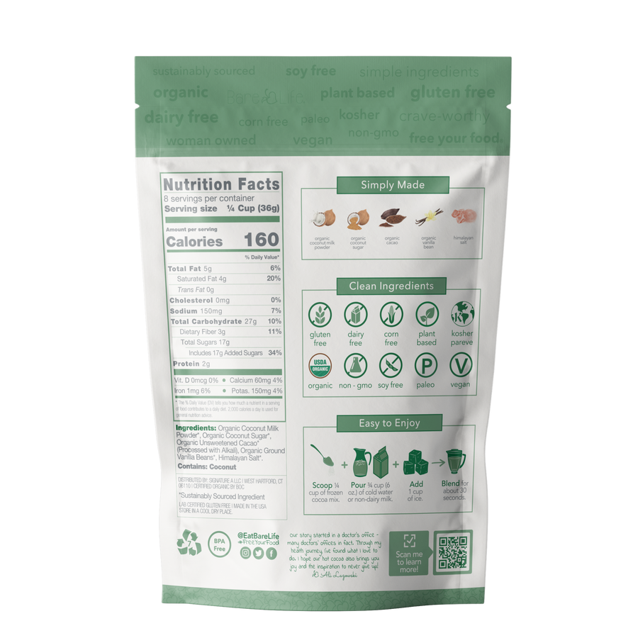 Back of frozen cocoa pouch showing nutrition facts, ingredients, and blender directions