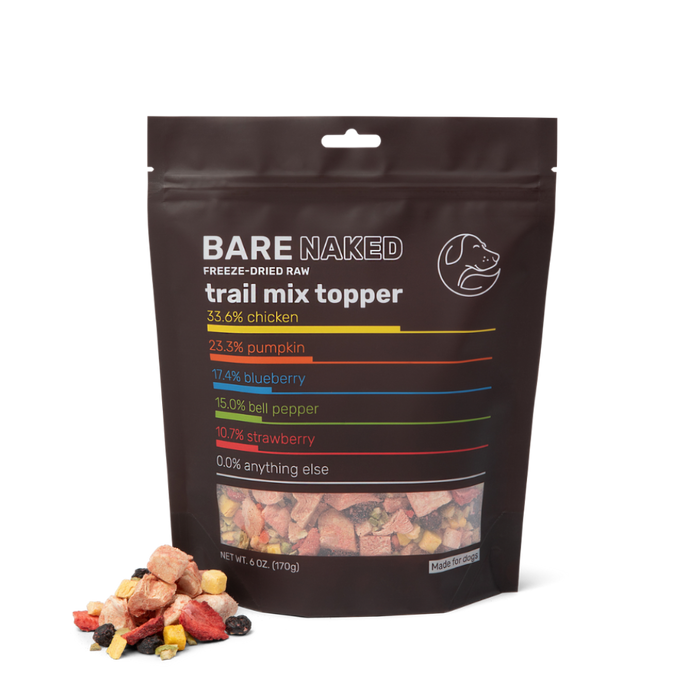 Front of Bare Naked chicken trail mix topper bag with visible freeze-dried pieces