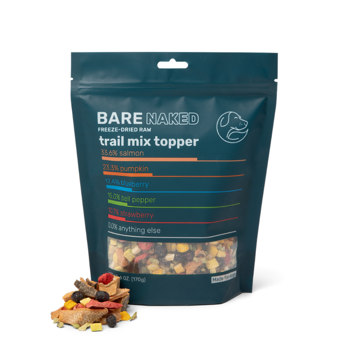 Front of Bare Naked salmon trail mix topper bag with visible freeze-dried pieces