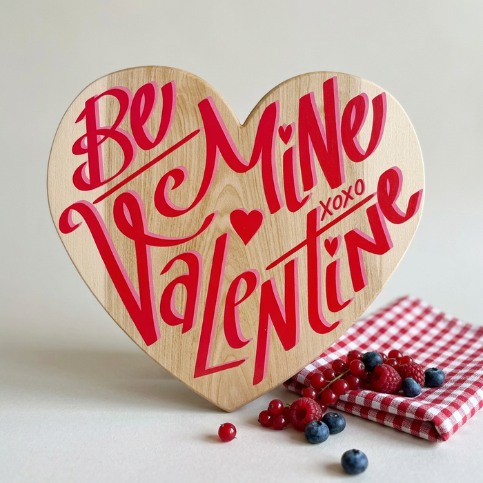 Heart-shaped Be Mine Valentine wooden serving board displayed with plaid cloth