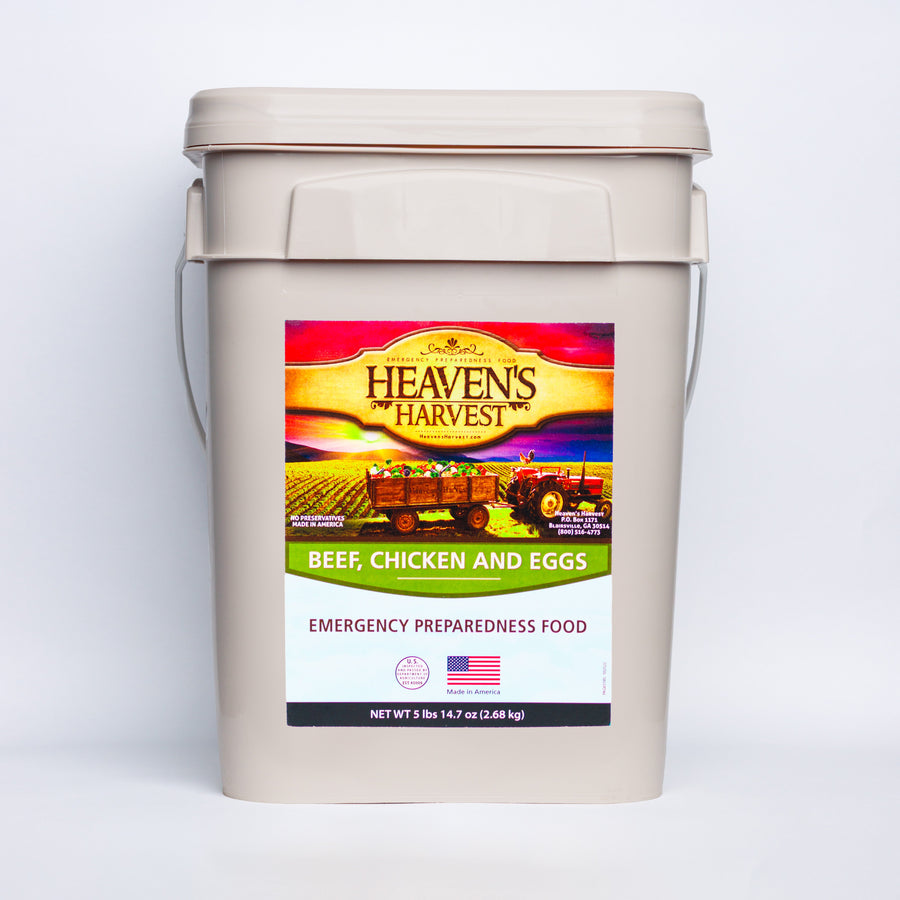 Heaven's Harvest beef, chicken and eggs protein bucket, front label