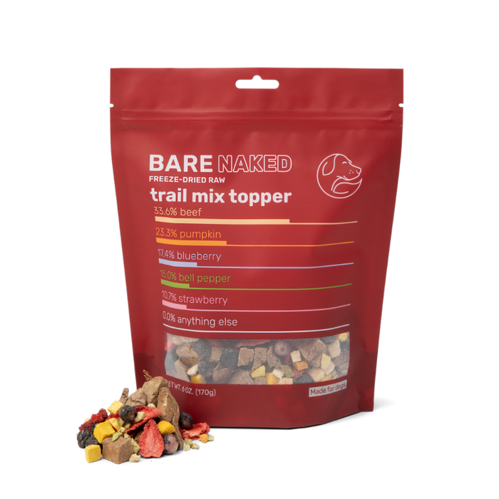 Front of Bare Naked beef trail mix topper bag with visible freeze-dried pieces