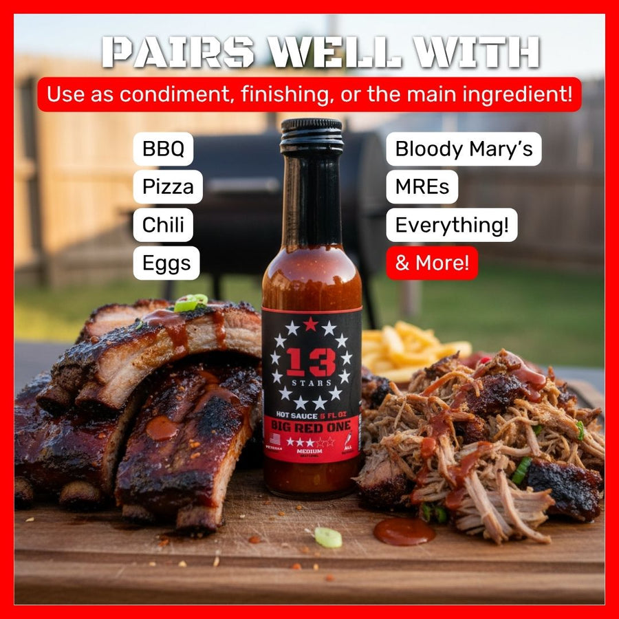 Big Red One hot sauce shown with barbecue dishes and suggested food pairings