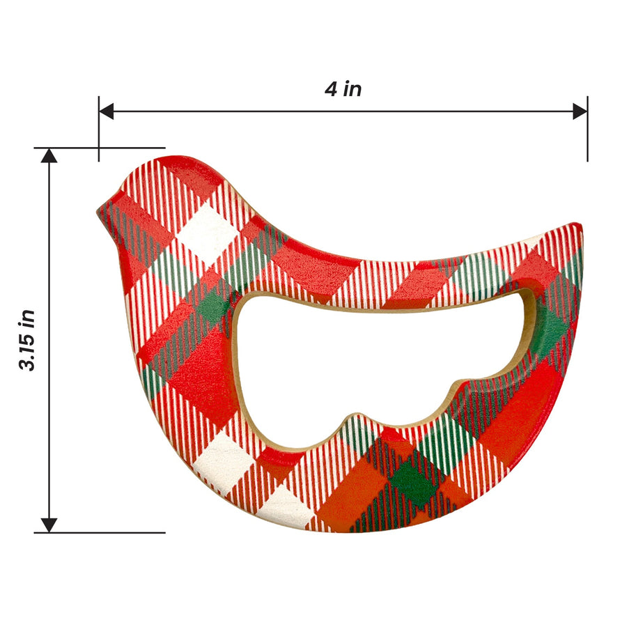 Christmas Plaid Bird Maple Wood Rattle & Teether with dimension annotations