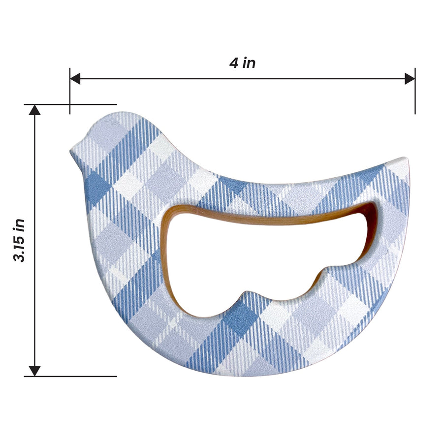Blue Plaid Bird Maple Wood Rattle & Teether with dimension annotations
