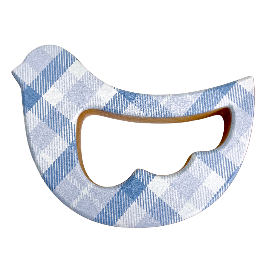 Blue Plaid Bird Maple Wood Rattle & Teether