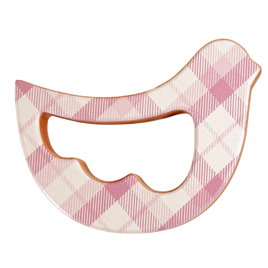 Pink Plaid Bird Maple Wood Rattle & Teether