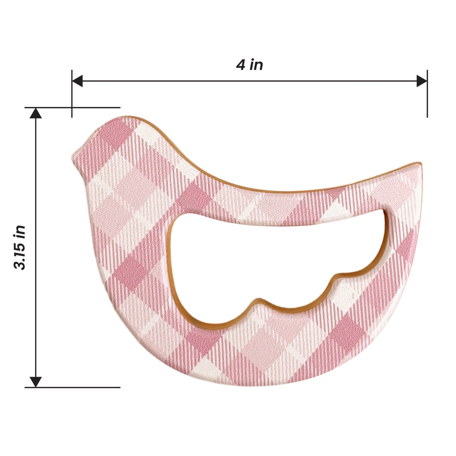 Pink Plaid Bird Maple Wood Rattle & Teether with dimension annotations