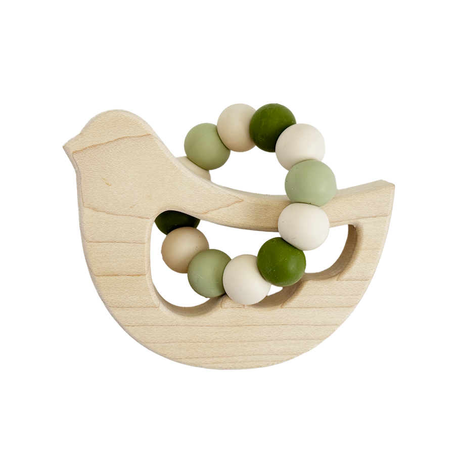 Bird Wood & Silicone Bead Teether with Cotton Bag