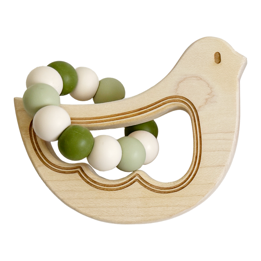 Bird Wood & Silicone Bead Teether with Cotton Bag