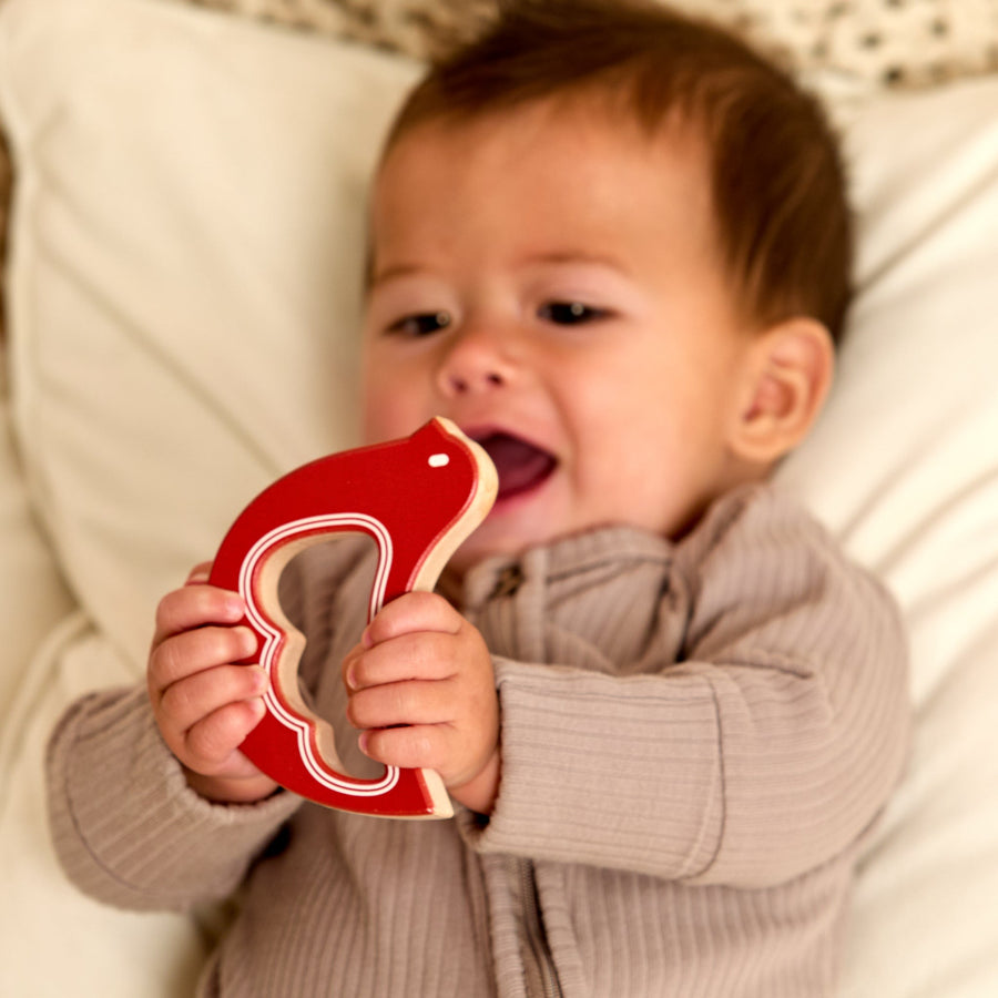 Baby holding a bird-shaped wooden rattle and teether